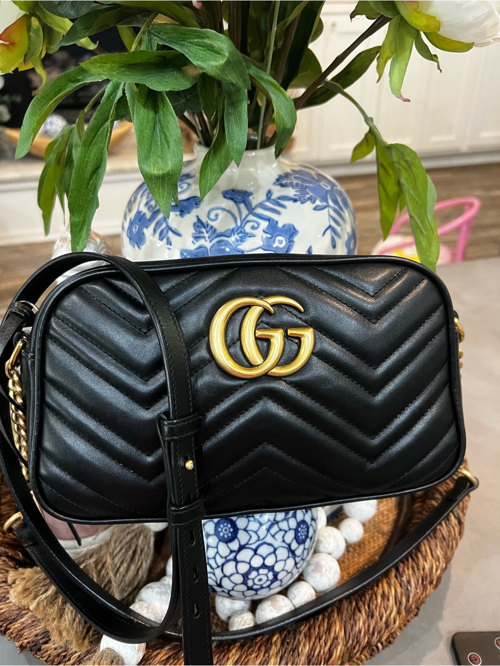 Gucci Black Chevron Quilted Leather Crossbody with Gold Double G